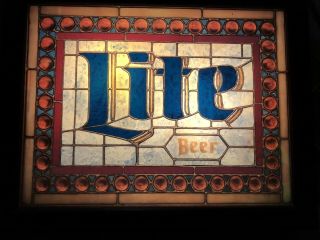 Vintage Miller Lite Lighted Bar Sign Stained Glass Look With Pull String