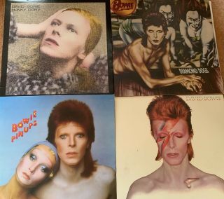 Four David Bowie Vinyl Records - Diamond Dogs - Hunky Dory - Aladdin Sane - Pin