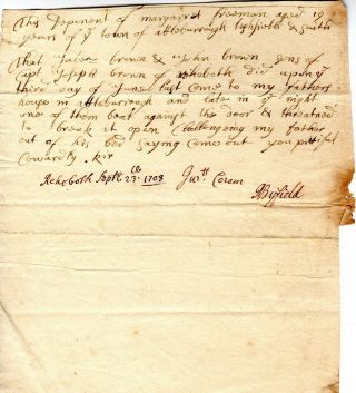 1708,  Rehoboth,  Mass,  Judge Nathaniel Byfield,  Signed,  Threats Upon Mans Life