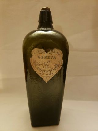 Antique Geneva Holland Dark Green Gin Bottle (empty) Corked And Partial Label