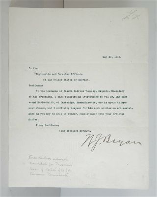 1913 William Jennings Bryan Typed Letter Signed Tls U S Secretary Of State Bryan