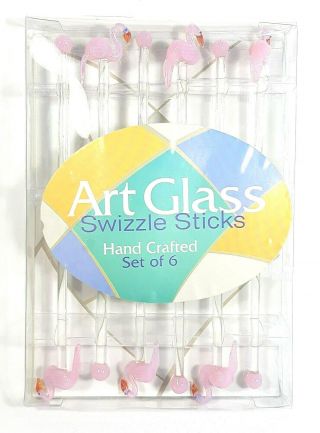Lsarts Art Glass Hand Crafted Pink Flamingo Cocktail Swizzle Sticks Set Of 6