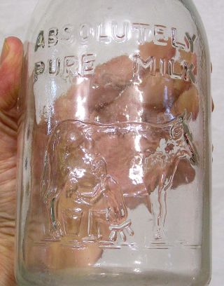 Vintage Milk Bottle Thatchers Dairy Quart Porcelain Cap Embossed Man Milking Cow 4