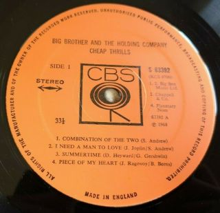 Big Brother & The Holding Company Lp Thrills Uk Cbs 1st Press Joplin,