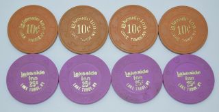 Set Of 8 Lakeside Inn 10¢ - 25¢ Casino Chips Lake Tahoe Nevada H&c - Suits Mold