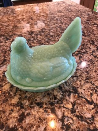 Large Green Jadite Chicken Covered Glass Candy Dish Farm Hen On Eggs