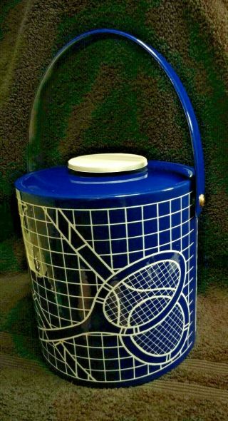 Vintage Padded Vinyl Ice Bucket Tennis Sport Barware Dark Blue White A,