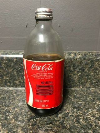 Never Opened Coke Coca - Cola 16 oz Glass Bottle Styrofoam Label Aluminum Cap 4