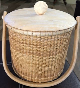 Nantucket Basket Vintage Ice Bucket Nautical Decor Barware Seashell Motif