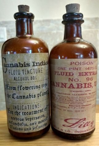 Old Medicine Bottle Hand Crafted,  2 Cannabis Eli Lilly Medium Size 6 " (awesome)