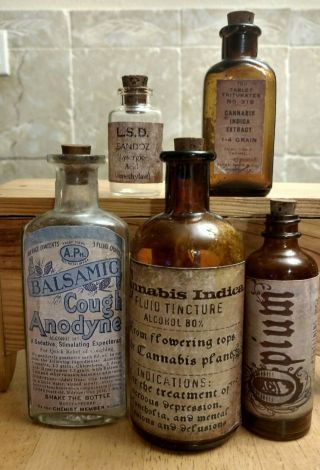 Old Medicine Bottle Hand Crafted,  Opium,  2 Cannabis,  Lsd,  Balsamic W/cannabis.