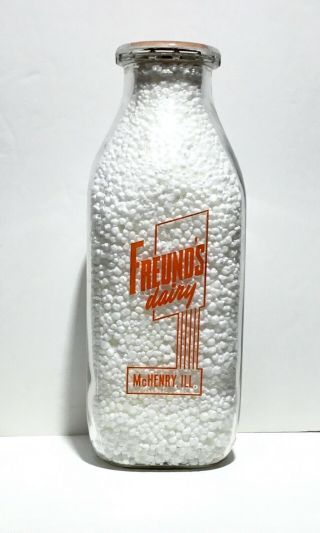 FREUND ' S Dairy Quart Milk Bottle McHenry,  IL,  Illinois Square Pyro Duraglas 3