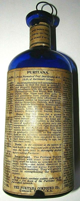 Antique Cobalt Puritana Medicinal Bottle W/ Label Orig Stopper Concord Nh