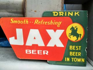 DRINK JAX BEER PORCELAIN ENAMEL SIGN 18X11X1.  5 INCHES FLANGE DOUBLE SIDED 2