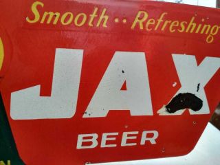 DRINK JAX BEER PORCELAIN ENAMEL SIGN 18X11X1.  5 INCHES FLANGE DOUBLE SIDED 7