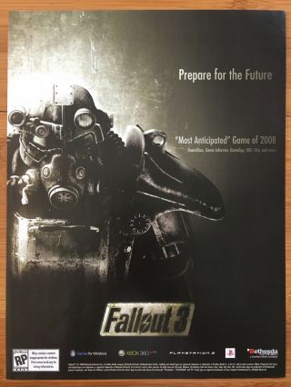 Fallout 3 Xbox 360 Ps3 Playstation 3 Pc 2008 Rare Vintage Game Poster Ad Art