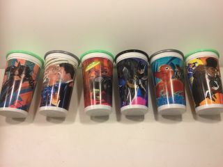 1992 Batman Returns Mcdonalds/coke Plastic Cup Set Of 6 W/ Frisbee Batdisc Lids
