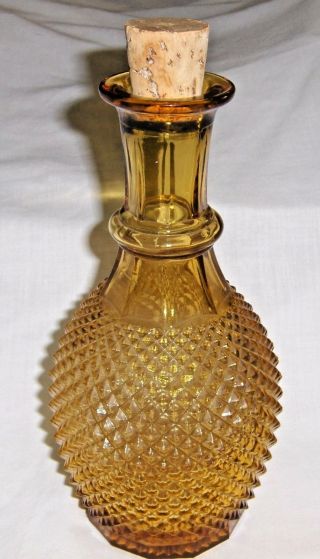 Empty Decanter Amber Glass Diamond Cut Pattern With Cork Stopper 11 " Tall