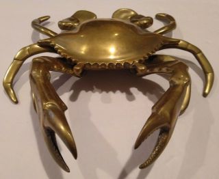 Vintage Solid Brass Crab Ashtray W/ Hinged Lid Retro Sea Life Decor