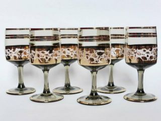 Set Of 6 Mid Century Vintage Stemmed Glasses,  Retro Glassware,  1950s Barware