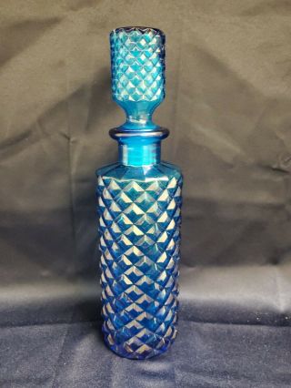 Vintage Decanter Bottle Teal Blue Aqua Glass Design With Topper 18 " Tall Italy