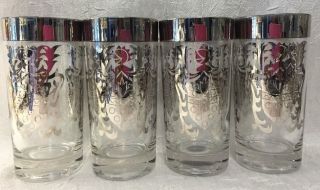 4 Vintage Kimiko Silver Coat Of Arms Glass Tumblers 5 & 1/2 Inches Tall
