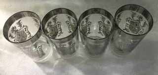 4 Vintage Kimiko Silver Coat Of Arms Glass Tumblers 5 & 1/2 inches tall 4