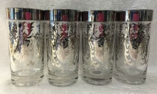 4 Vintage Kimiko Silver Coat Of Arms Glass Tumblers 5 & 1/2 inches tall 5