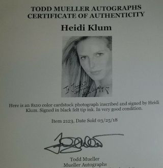 America ' s Got Talent Model Heidi Klum Hand Signed 8x10 Photo Todd Mueller 2
