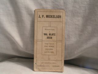 Fold Open Item From J.  P Mickelson Dealers In Val Blatz Beer Nebraska City,  Nb