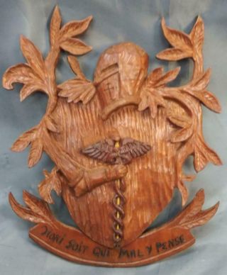 Hand Carved Wood Wooden Medical Plaque Crest Carving Honi Soi Qui Mal Y Pense