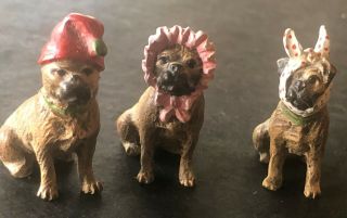 Three 1 " Metal (cast Iron?) Painted Boxer Dogs With Hats