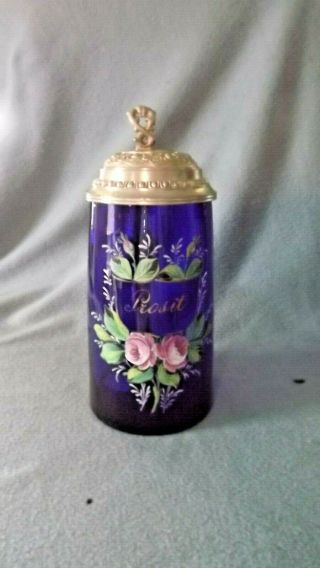 Hand Painted German Cobalt Blue Glass Pewter Lidded Stein With Roses