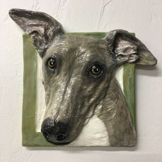 Greyhound Ceramic Dog Portrait 3d Tile Handmade Sculpture Sondra Alexander Art