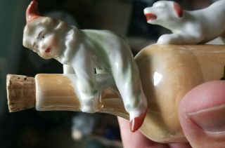 VERY NEAT PORCELAIN EXTRACT VIOLENT PERFUME DOG CHASING BOY FIGURAL ORIG LABEL 3