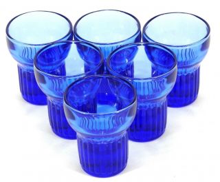 Vintage Set Of 6 Cobalt Blue Shot Glasses Ribbed Base 2 - 3/8 " H Bar - Ware Tequila