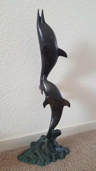 Large Bronze/copper Metal Dolphin Statue Ocean Beach Surf Sand Water Waves Sea