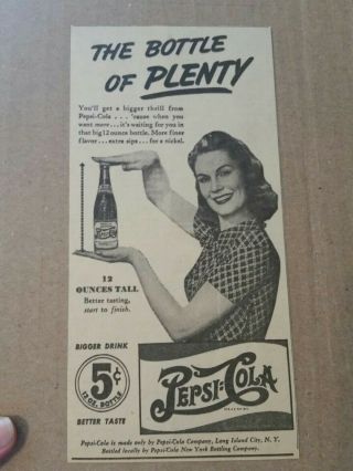 1941 Pepsi Cola Co Soda Newspaper Ad Bottle Of Plenty