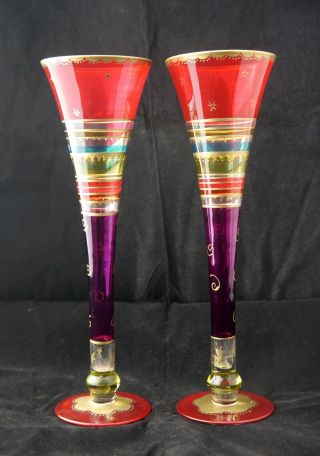 2 Hand Painted Hollow Stem Champagne Flutes.  Mardi Gras Party Colors.  Knop 10.  5 "