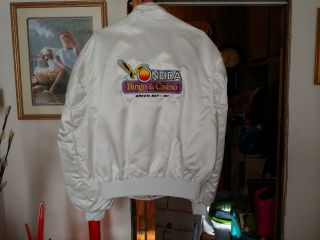 Vintage Large Satin Jacket Oneida Bingo And Casino Green Bay Wisconsin White 90s