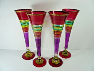Set Of 4 Tall Festive Party Multi - Colored Decorated Champagne Flutes 10½ "