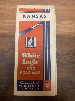 Vintage 1932 Road Map White Eagle Banner Gasoline Mobil Oil Kansas Gas Service