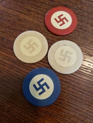 4 Antique Poker Chips Clay Vintage Very Rare Swastika Design