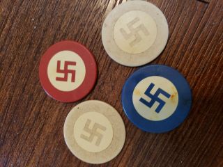 4 Antique Poker Chips Clay Vintage Very Rare Swastika design 2