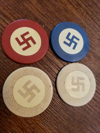 4 Antique Poker Chips Clay Vintage Very Rare Swastika design 3