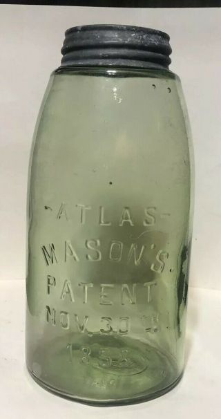 Rare Olive Green Atlas Masons Patent 1858 Fruit Jar Early Canning 1/2 Gallon