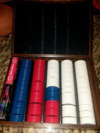 Vintage Poker Chip Set In Wood Case With Side Pop Up Chip Tray On Side