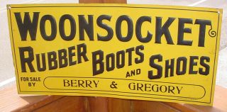 Rare Antique Woonsocket Rubber Boots And Shoes Advertising Embossed Tin Sign Nr