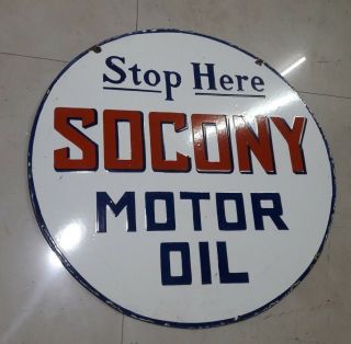 Porcelain Stop Here Socony Motor Oil Sign Size 24 " Round Double Sided