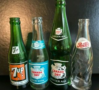 4 Vintage Soda Pop Bottles 7up Swimsuit Girl,  Swirl Pepsi,  Canada Dry